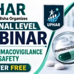 YouTube thumbnail for the UPHAR Foundation Odisha National Level Webinar on Pharmacovigilance and Drug Safety featuring medical research visuals, a vaccine vial, capsules, magnifying glass, and a bold "Register Free" call-to-action.