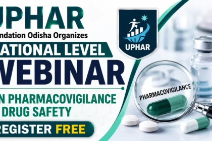 YouTube thumbnail for the UPHAR Foundation Odisha National Level Webinar on Pharmacovigilance and Drug Safety featuring medical research visuals, a vaccine vial, capsules, magnifying glass, and a bold "Register Free" call-to-action.