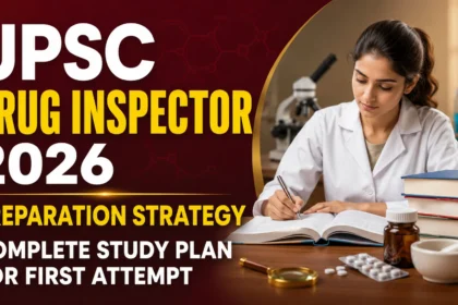 YouTube thumbnail for UPSC Drug Inspector 2026 Preparation Strategy featuring a pharmacy student studying in a laboratory with books, microscope, medicine bottle, tablets, and the text "UPSC Drug Inspector 2026 Preparation Strategy – Complete Study Plan for First Attempt."