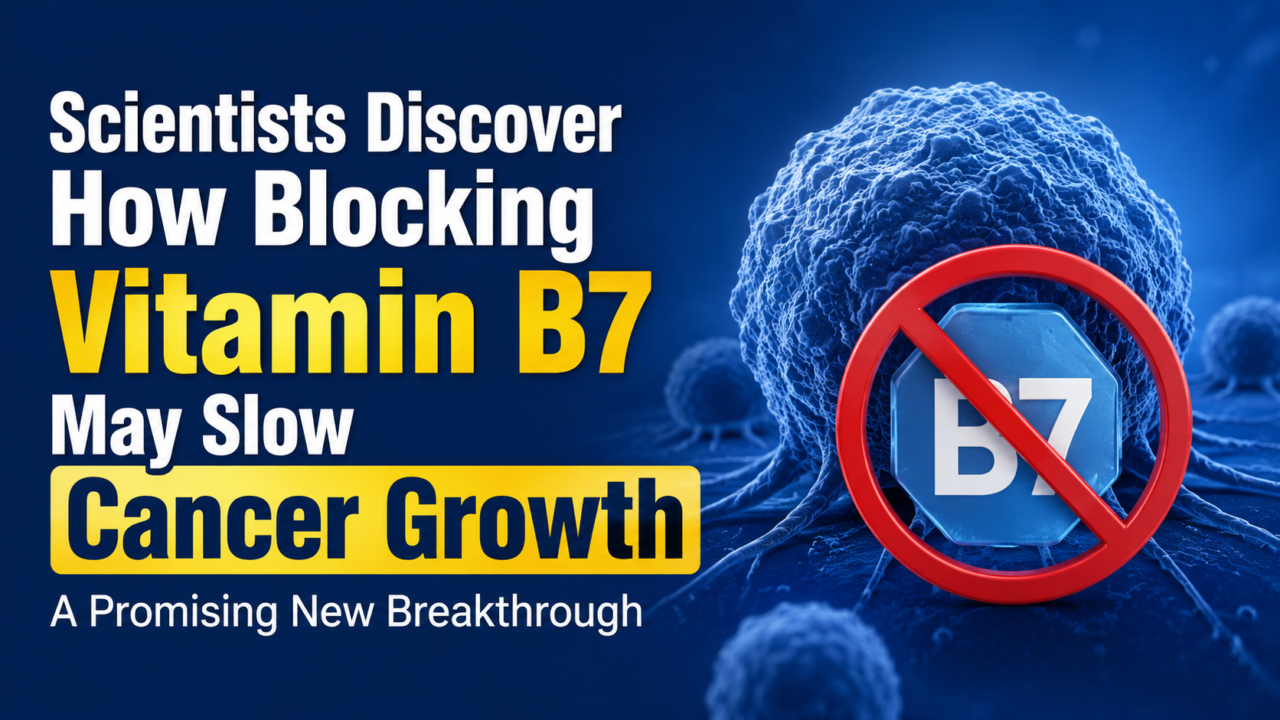 Scientists discover that blocking Vitamin B7 may slow cancer growth, shown with a cancer cell illustration and a blocked B7 symbol on a medical-themed background.