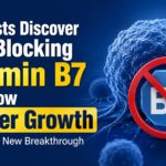 Scientists discover that blocking Vitamin B7 may slow cancer growth, shown with a cancer cell illustration and a blocked B7 symbol on a medical-themed background.