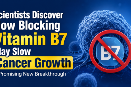 Scientists discover that blocking Vitamin B7 may slow cancer growth, shown with a cancer cell illustration and a blocked B7 symbol on a medical-themed background.