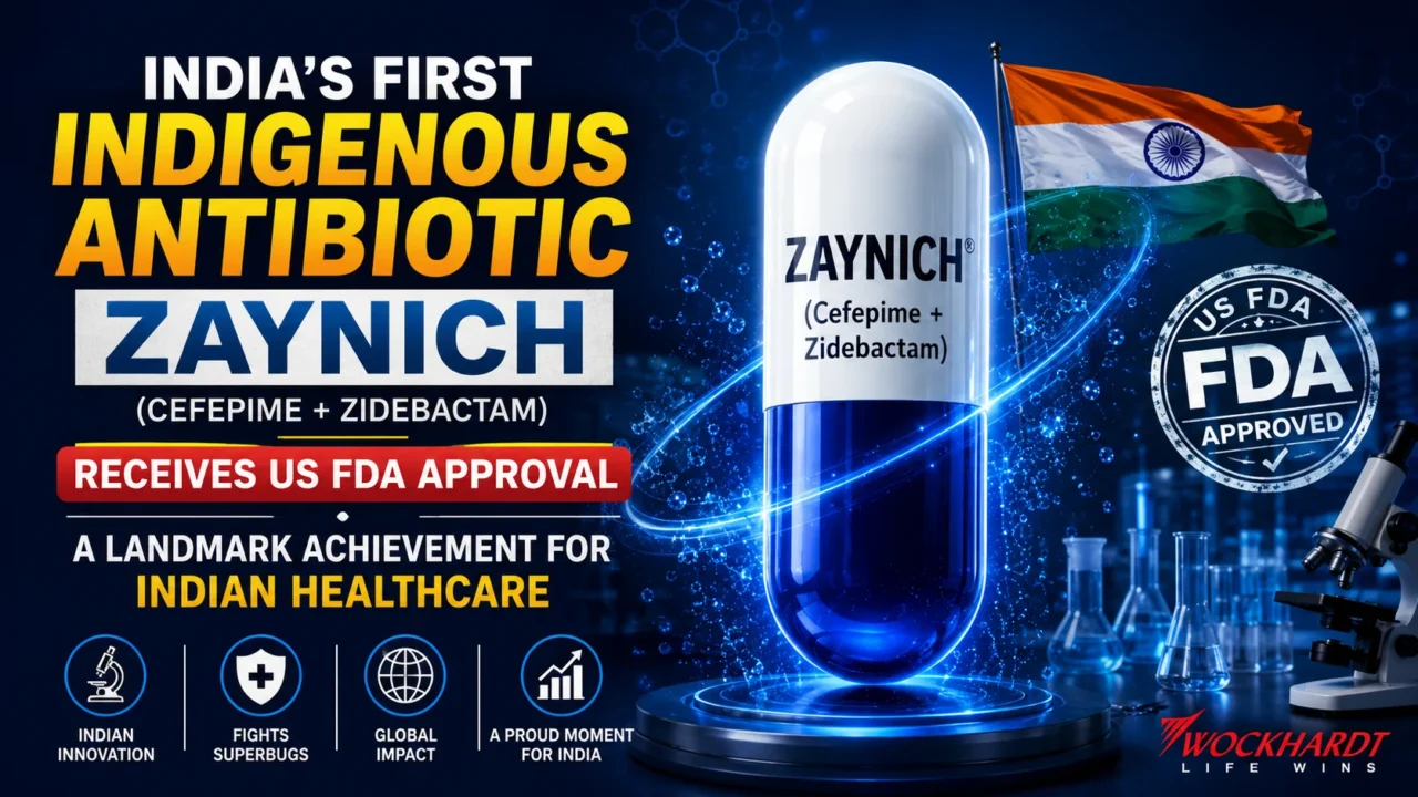 YouTube thumbnail featuring a large futuristic Zaynich antibiotic capsule with the Indian flag, US FDA approval seal, laboratory glassware, and microscope on a blue scientific background highlighting India's first indigenous antibiotic approved by the US FDA.