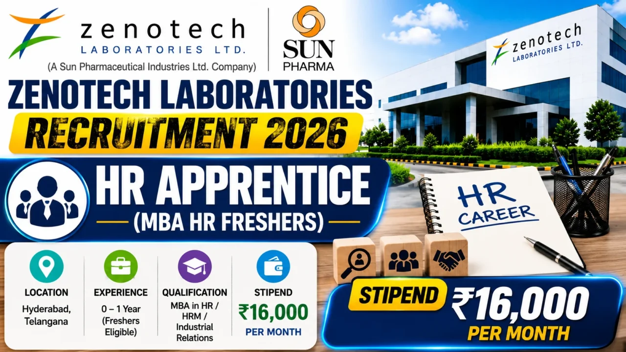 YouTube thumbnail for Zenotech Laboratories Recruitment 2026 featuring the Zenotech campus, Sun Pharma branding, HR career symbols, recruitment icons, office workspace elements, and highlights for HR Apprentice opportunities for MBA HR freshers.