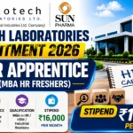 YouTube thumbnail for Zenotech Laboratories Recruitment 2026 featuring the Zenotech campus, Sun Pharma branding, HR career symbols, recruitment icons, office workspace elements, and highlights for HR Apprentice opportunities for MBA HR freshers.