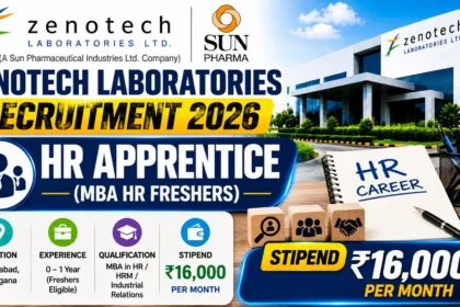YouTube thumbnail for Zenotech Laboratories Recruitment 2026 featuring the Zenotech campus, Sun Pharma branding, HR career symbols, recruitment icons, office workspace elements, and highlights for HR Apprentice opportunities for MBA HR freshers.