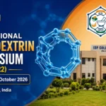 22nd International Cyclodextrin Symposium (ICS-22) 2026 at ISF College of Pharmacy, Moga, Punjab, featuring the event dates, molecular cyclodextrin graphic, institute building, and official logos.