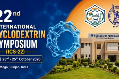 22nd International Cyclodextrin Symposium (ICS-22) 2026 at ISF College of Pharmacy, Moga, Punjab, featuring the event dates, molecular cyclodextrin graphic, institute building, and official logos.