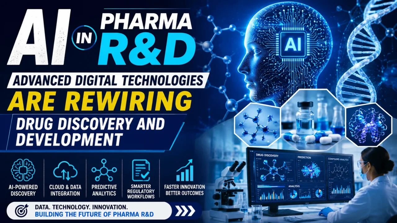 Thumbnail highlighting AI in Pharma R&D, showcasing advanced digital technologies, artificial intelligence, drug discovery, machine learning, data analytics, and digital transformation in pharmaceutical research and development.
