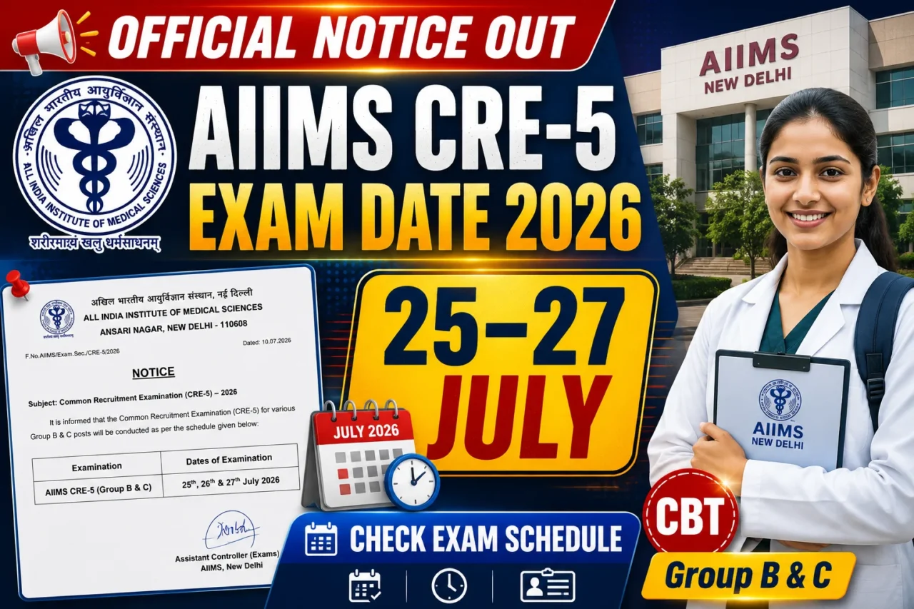 AIIMS CRE-5 Exam Date 2026 thumbnail displaying the official exam schedule notice, exam dates 25–27 July 2026, CBT mode, and Group B & C recruitment.