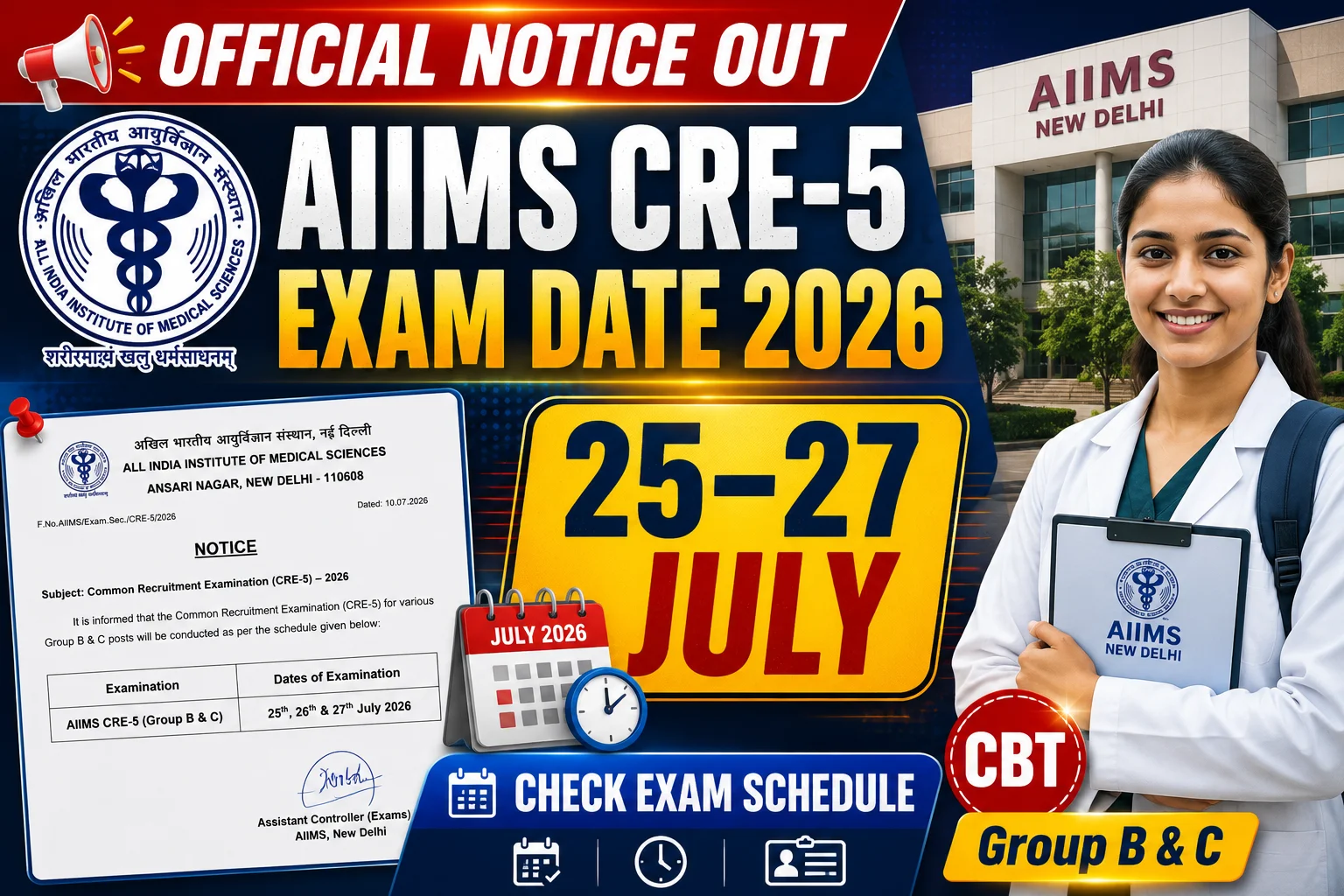 AIIMS CRE-5 Exam Date 2026 thumbnail displaying the official exam schedule notice, exam dates 25–27 July 2026, CBT mode, and Group B & C recruitment.