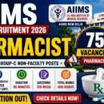 AIIMS CRE-5 Pharmacist Recruitment 2026 blog thumbnail showing 75 pharmacist vacancies under Group-B and Group-C non-faculty posts.