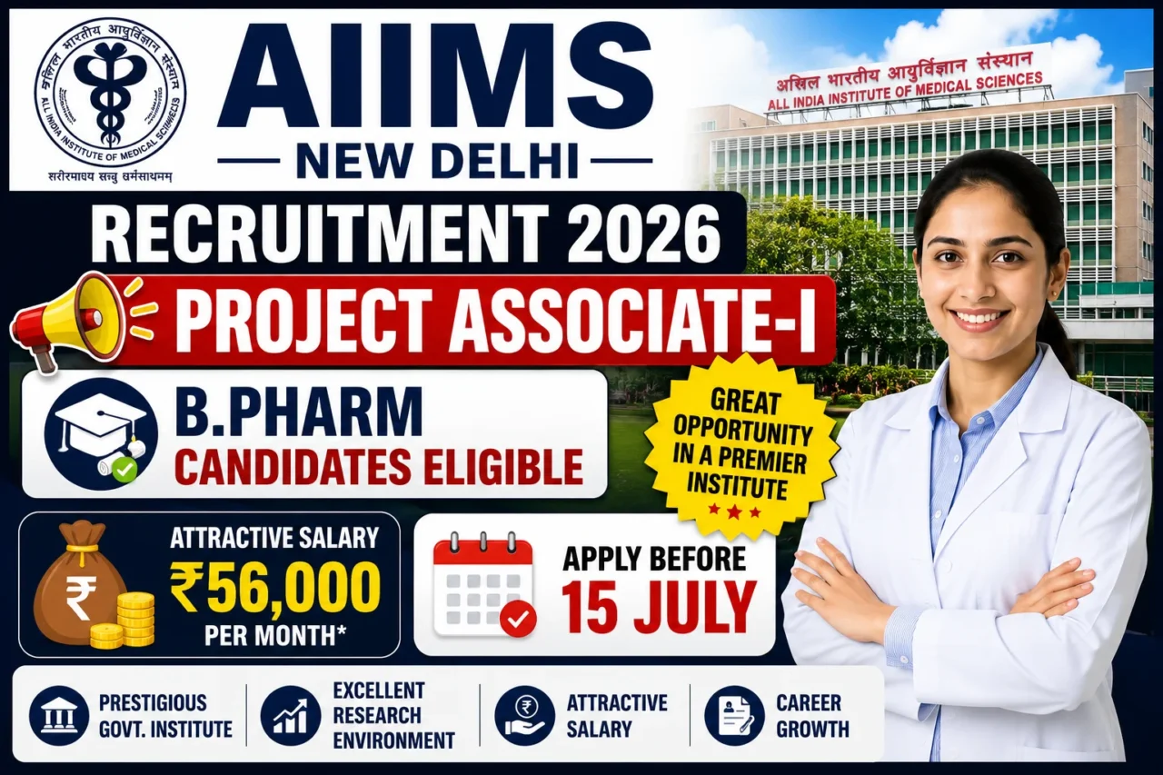 AIIMS New Delhi Project Associate-I Recruitment 2026 YouTube thumbnail featuring B.Pharm eligibility and the application deadline of 15 July.