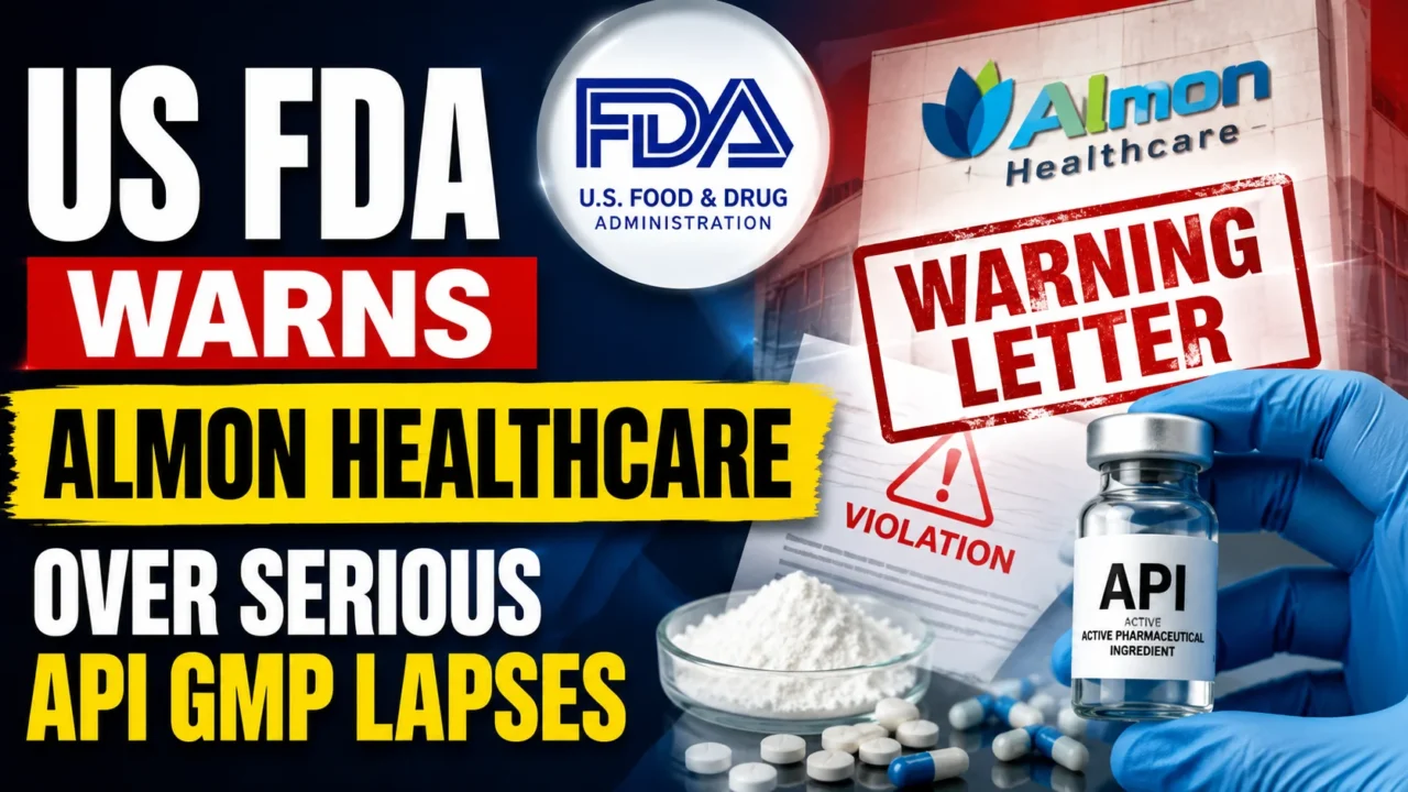 US FDA warning letter issued to Almon Healthcare over serious API GMP compliance lapses, featuring the FDA logo, Almon Healthcare building, API vial, pharmaceutical powder, tablets, and a warning notice.