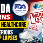 US FDA warning letter issued to Almon Healthcare over serious API GMP compliance lapses, featuring the FDA logo, Almon Healthcare building, API vial, pharmaceutical powder, tablets, and a warning notice.