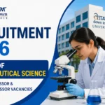 Assam down town University Recruitment 2026 thumbnail featuring a pharmaceutical research laboratory, microscope, scientist, and Faculty of Pharmaceutical Science recruitment announcement for Assistant Professor and Associate Professor vacancies.