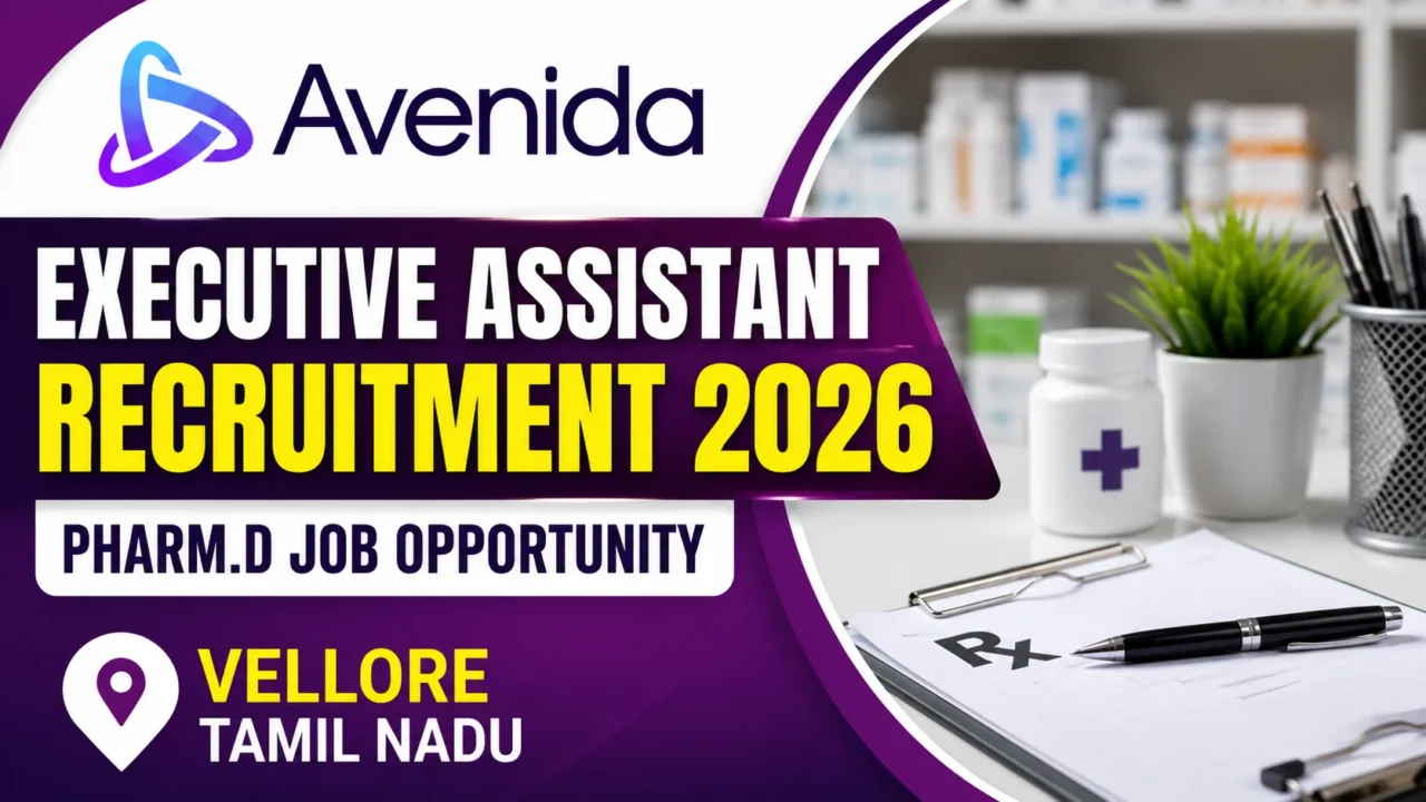 Avenida Executive Assistant Recruitment 2026 thumbnail featuring a pharmacy-themed office workspace with medical supplies and bold text highlighting a Pharm.D job opportunity in Vellore, Tamil Nadu.