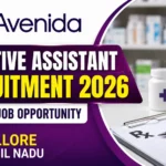 Avenida Executive Assistant Recruitment 2026 thumbnail featuring a pharmacy-themed office workspace with medical supplies and bold text highlighting a Pharm.D job opportunity in Vellore, Tamil Nadu.