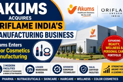 Thumbnail of Akums acquiring Oriflame India's manufacturing business, highlighting expansion into color cosmetics manufacturing, skincare, wellness, and personal care with advanced production facilities.