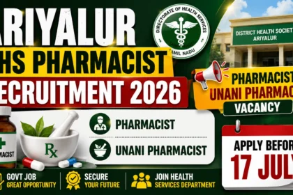 YouTube thumbnail for Ariyalur DHS Pharmacist Recruitment 2026 featuring Pharmacist and Unani Pharmacist vacancies, District Health Society building, pharmacy symbols, and the application deadline of 17 July.