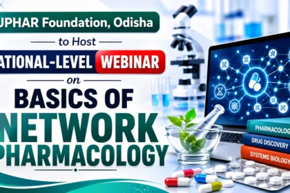 Thumbnail promoting a National-Level Webinar by UPHAR Foundation, Odisha on the Basics of Network Pharmacology, featuring laboratory equipment, a digital molecular network, medicines, and pharmaceutical research visuals.