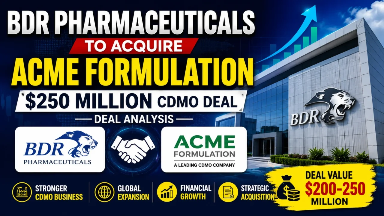 BDR Pharmaceuticals announces proposed acquisition of Acme Formulation in a $200–250 million CDMO deal with corporate headquarters and business growth graphics.