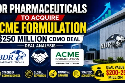 BDR Pharmaceuticals announces proposed acquisition of Acme Formulation in a $200–250 million CDMO deal with corporate headquarters and business growth graphics.