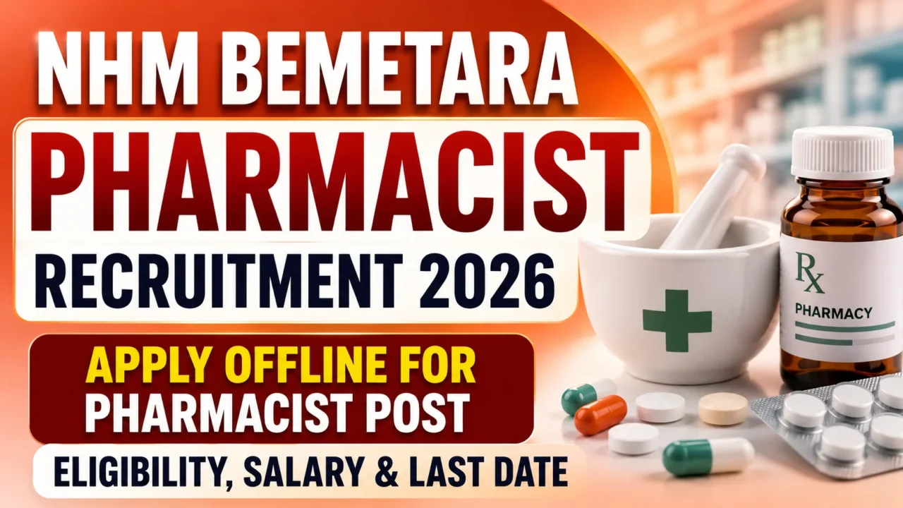 YouTube thumbnail for NHM Bemetara Pharmacist Recruitment 2026 featuring pharmacy medicines, mortar and pestle, and the title "Apply Offline for Pharmacist Post | Eligibility, Salary & Last Date."
