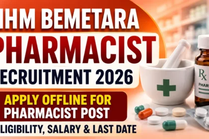 YouTube thumbnail for NHM Bemetara Pharmacist Recruitment 2026 featuring pharmacy medicines, mortar and pestle, and the title "Apply Offline for Pharmacist Post | Eligibility, Salary & Last Date."