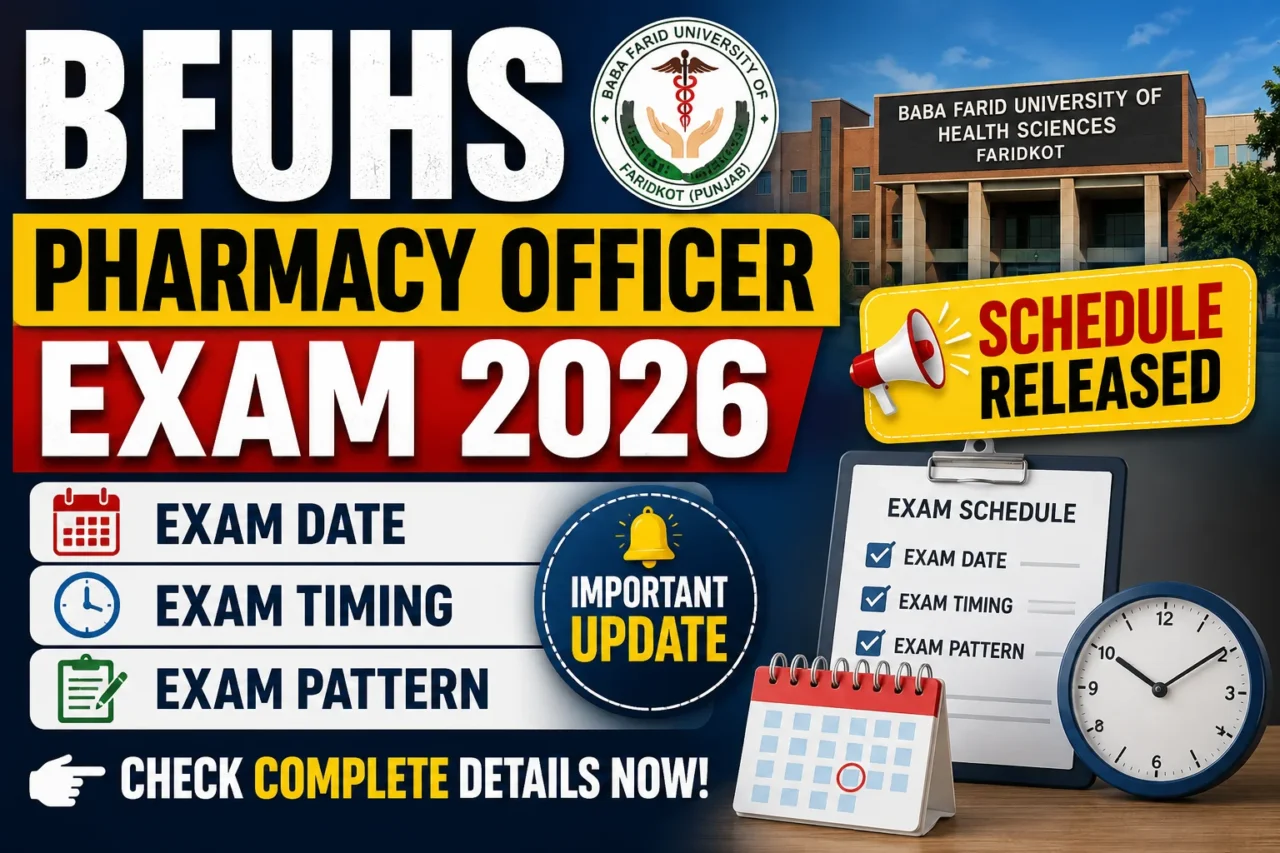 YouTube thumbnail for BFUHS Pharmacy Officer Exam 2026 showing the exam schedule announcement, university building, calendar, clock, and bold text highlighting exam date, timing, and exam pattern.