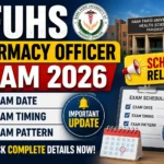 YouTube thumbnail for BFUHS Pharmacy Officer Exam 2026 showing the exam schedule announcement, university building, calendar, clock, and bold text highlighting exam date, timing, and exam pattern.