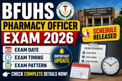 YouTube thumbnail for BFUHS Pharmacy Officer Exam 2026 showing the exam schedule announcement, university building, calendar, clock, and bold text highlighting exam date, timing, and exam pattern.