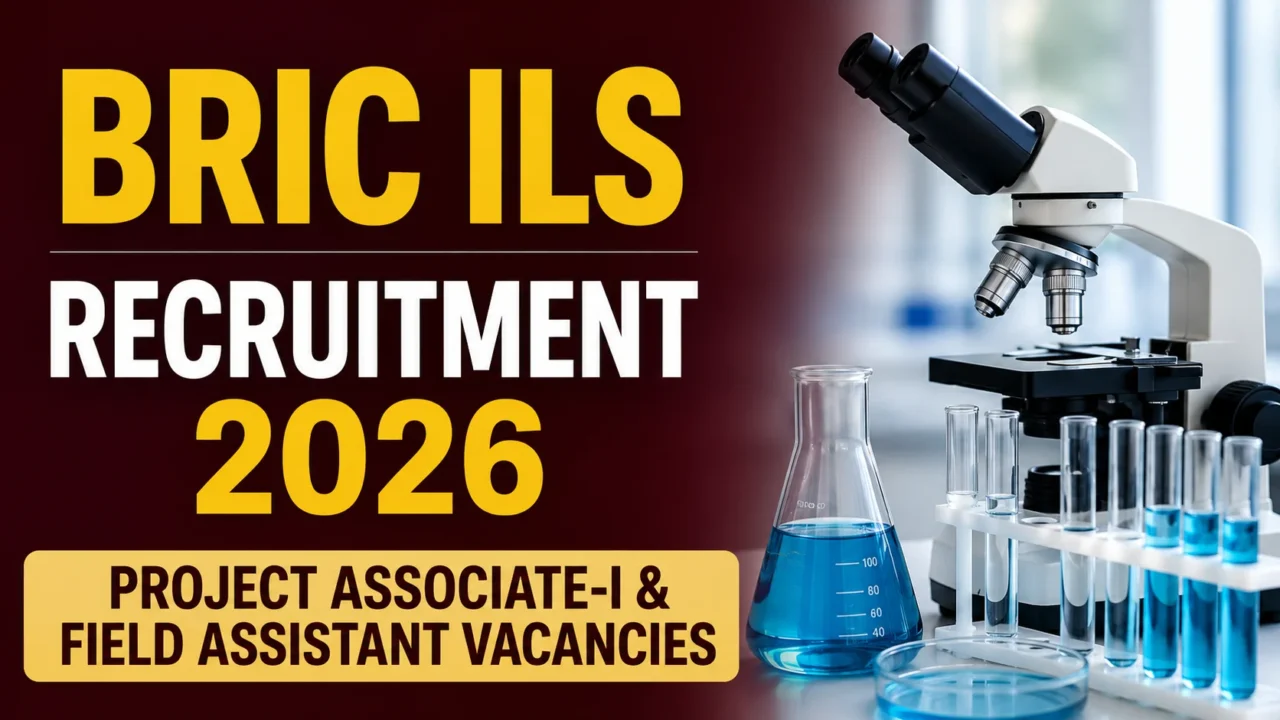 YouTube thumbnail for BRIC ILS Recruitment 2026 featuring a laboratory microscope, test tubes, blue chemical flask, and bold text highlighting Project Associate-I & Field Assistant vacancies on a maroon gradient background.