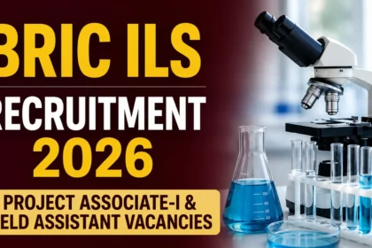 YouTube thumbnail for BRIC ILS Recruitment 2026 featuring a laboratory microscope, test tubes, blue chemical flask, and bold text highlighting Project Associate-I & Field Assistant vacancies on a maroon gradient background.