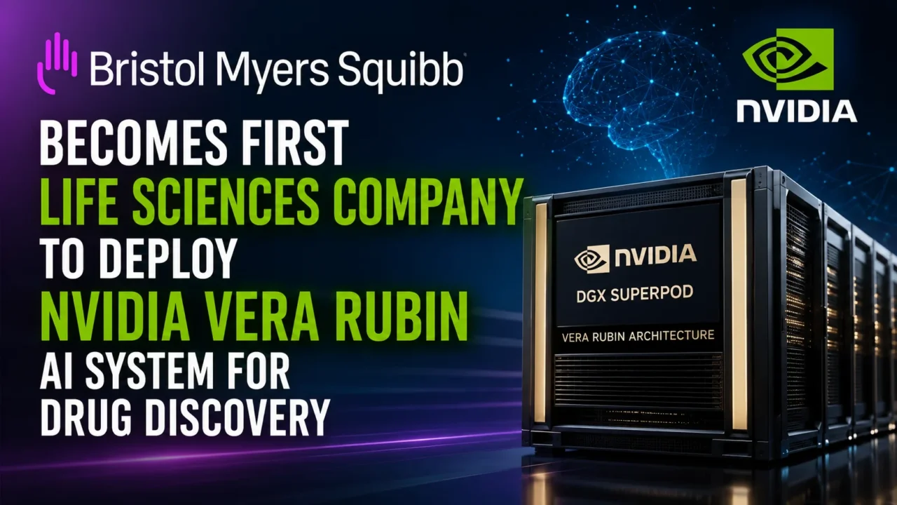 Bristol Myers Squibb becomes the first life sciences company to deploy NVIDIA Vera Rubin AI system for drug discovery, featuring NVIDIA DGX SuperPOD server and AI technology graphics.