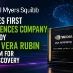 Bristol Myers Squibb becomes the first life sciences company to deploy NVIDIA Vera Rubin AI system for drug discovery, featuring NVIDIA DGX SuperPOD server and AI technology graphics.
