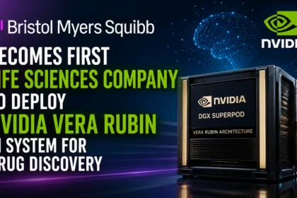 Bristol Myers Squibb becomes the first life sciences company to deploy NVIDIA Vera Rubin AI system for drug discovery, featuring NVIDIA DGX SuperPOD server and AI technology graphics.