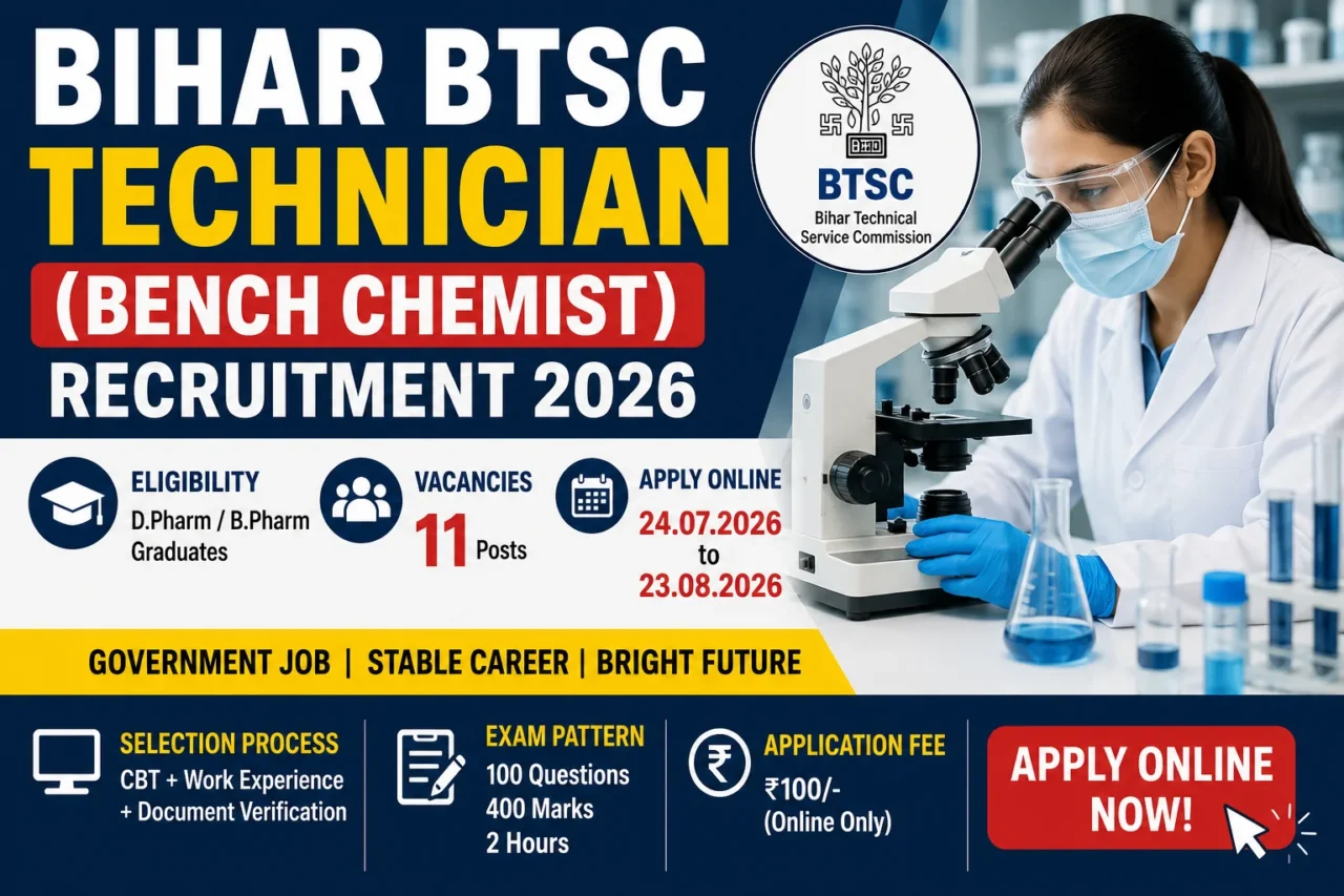 Bihar BTSC Technician (Bench Chemist) Recruitment 2026 thumbnail featuring a laboratory scientist using a microscope, BTSC logo, D.Pharm & B.Pharm eligibility, 11 vacancies, and apply online dates.