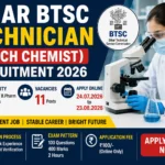 Bihar BTSC Technician (Bench Chemist) Recruitment 2026 thumbnail featuring a laboratory scientist using a microscope, BTSC logo, D.Pharm & B.Pharm eligibility, 11 vacancies, and apply online dates.