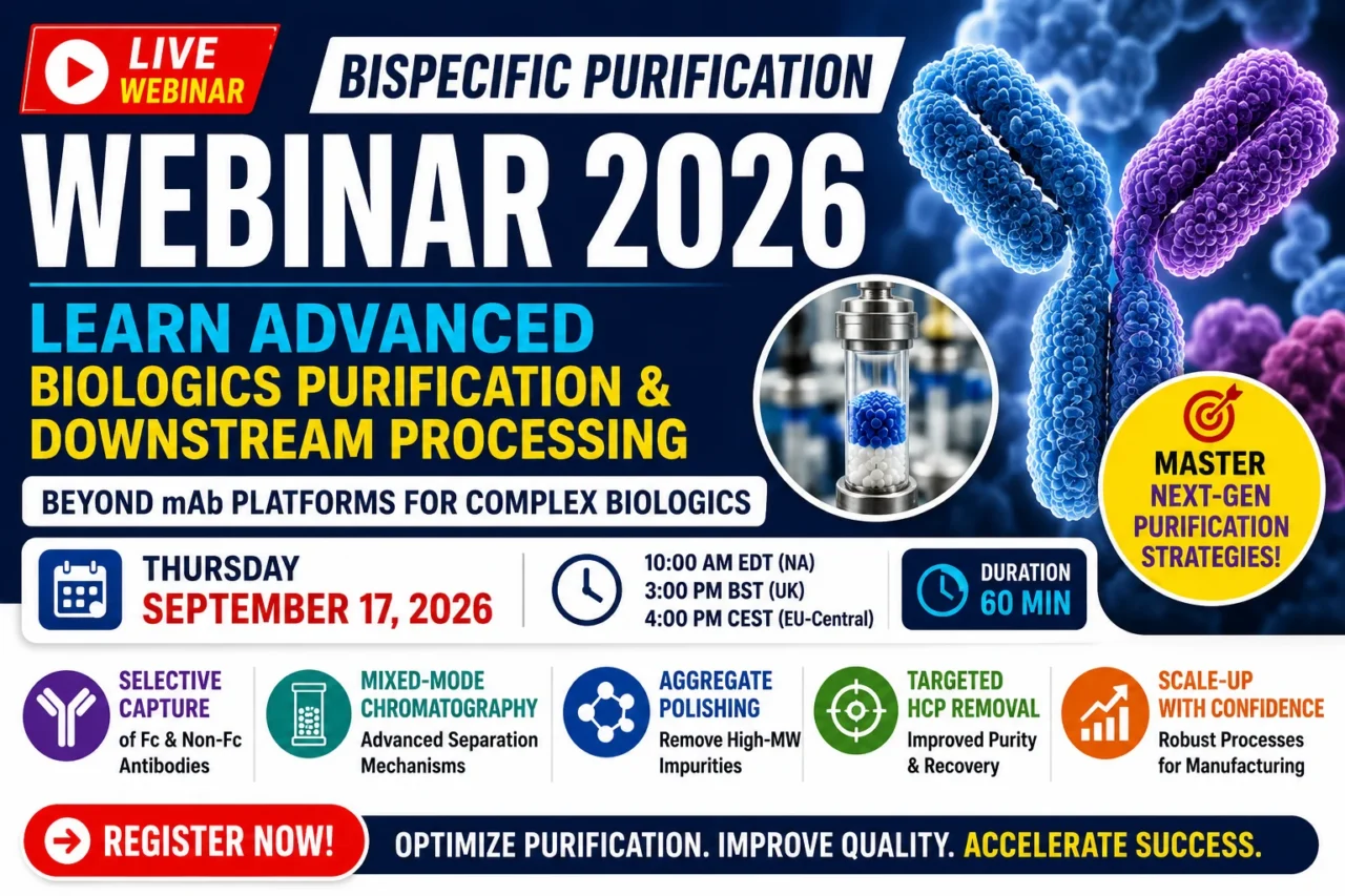 Thumbnail promoting the Bispecific Purification Webinar 2026 featuring advanced biologics purification, downstream processing, mixed-mode chromatography, antibody purification, and webinar registration details.