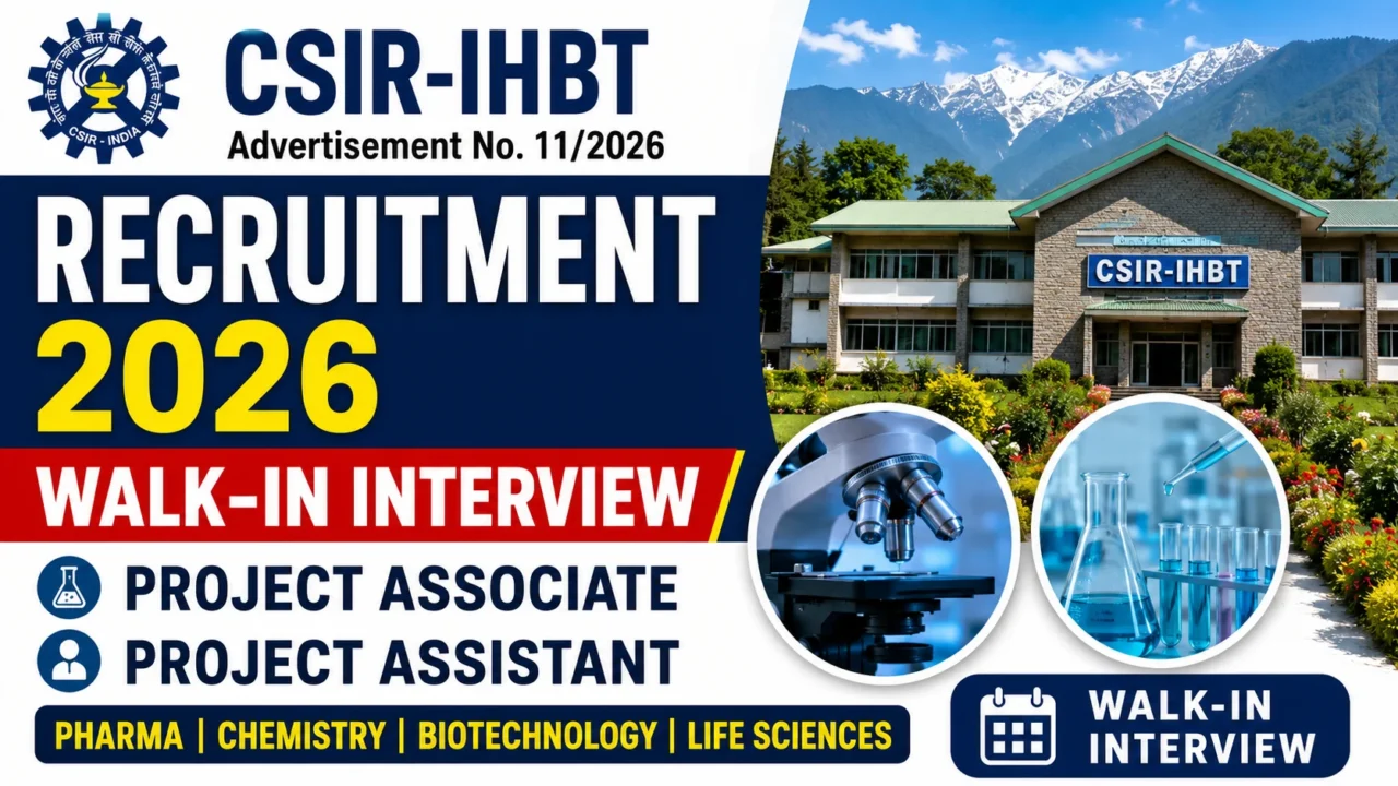 Eye-catching YouTube thumbnail for CSIR-IHBT Recruitment 2026 featuring the CSIR-IHBT campus, laboratory microscope, chemistry glassware, and bold text highlighting Walk-in Interview for Project Associate and Project Assistant posts in Pharma, Chemistry, Biotechnology, and Life Sciences.
