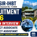 Eye-catching YouTube thumbnail for CSIR-IHBT Recruitment 2026 featuring the CSIR-IHBT campus, laboratory microscope, chemistry glassware, and bold text highlighting Walk-in Interview for Project Associate and Project Assistant posts in Pharma, Chemistry, Biotechnology, and Life Sciences.