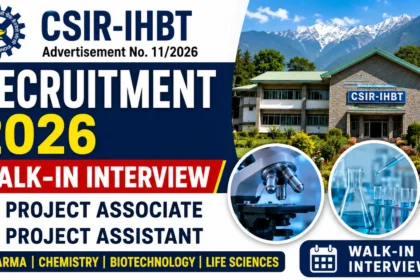 Eye-catching YouTube thumbnail for CSIR-IHBT Recruitment 2026 featuring the CSIR-IHBT campus, laboratory microscope, chemistry glassware, and bold text highlighting Walk-in Interview for Project Associate and Project Assistant posts in Pharma, Chemistry, Biotechnology, and Life Sciences.