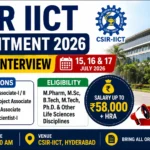 CSIR IICT Recruitment 2026 walk-in interview thumbnail featuring Project Associate, Research Associate, Senior Project Associate, and Project Scientist vacancies with interview dates, salary up to ₹58,000 + HRA, and eligibility details.