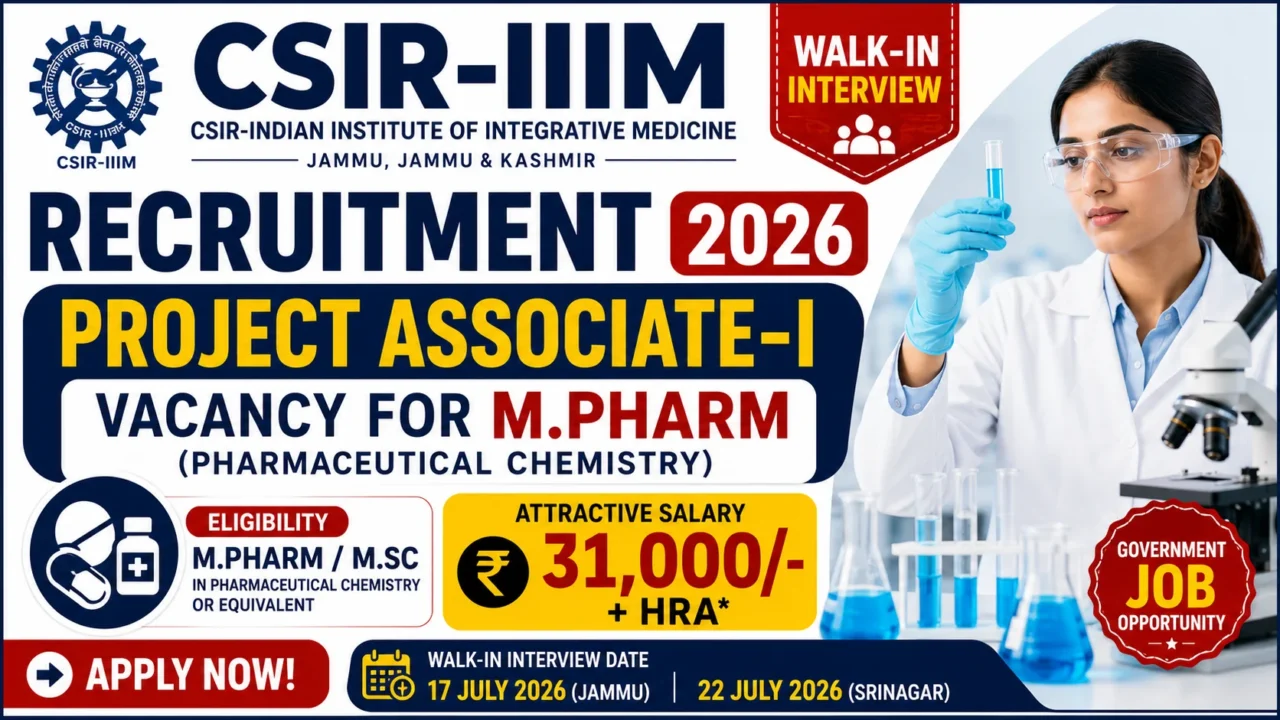 CSIR-IIIM Recruitment 2026 thumbnail featuring Project Associate-I vacancy for M.Pharm (Pharmaceutical Chemistry), walk-in interview, ₹31,000 + HRA salary, and government research job opportunity.