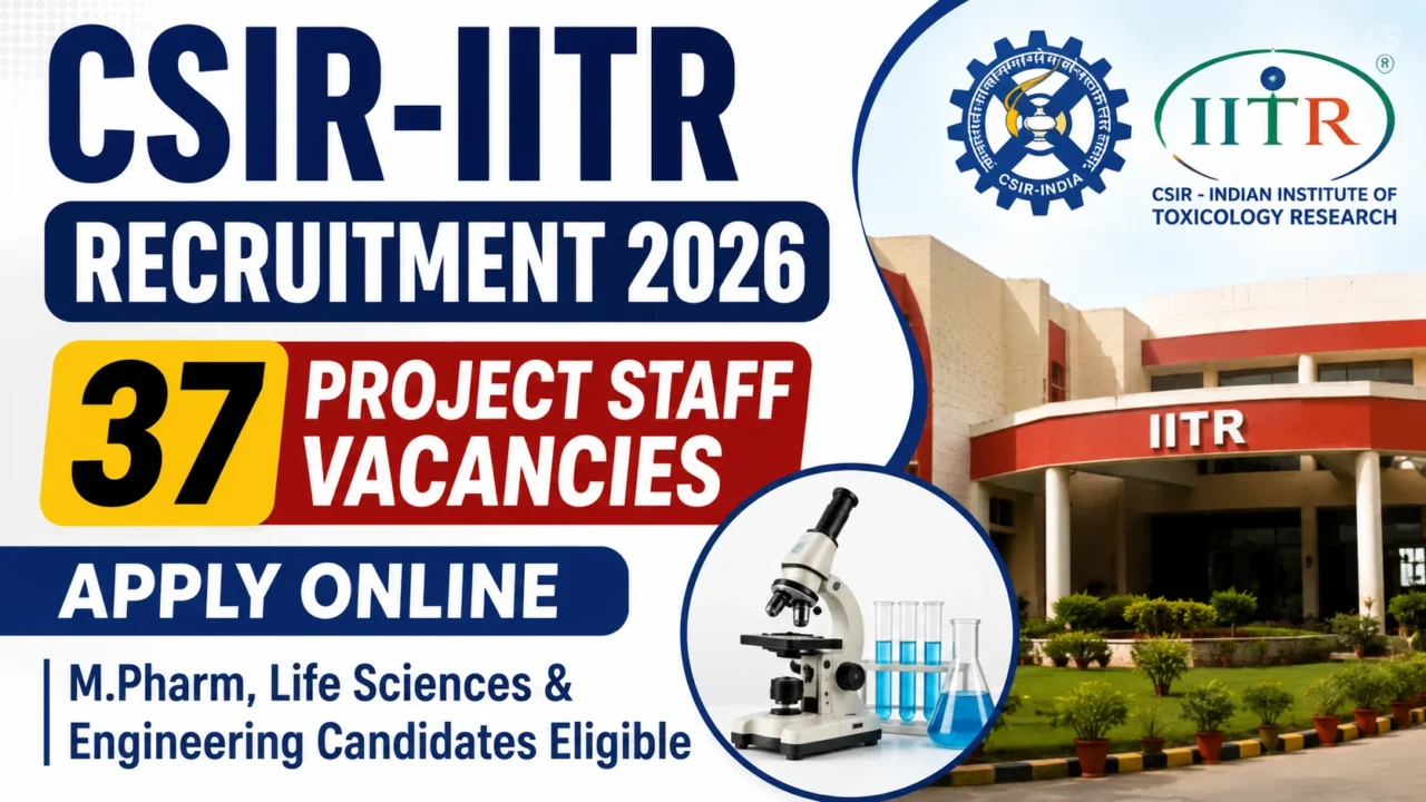 CSIR-IITR Recruitment 2026 thumbnail featuring 37 Project Staff vacancies, Apply Online, and eligibility for M.Pharm, Life Sciences, and Engineering candidates with IITR campus and laboratory visuals.
