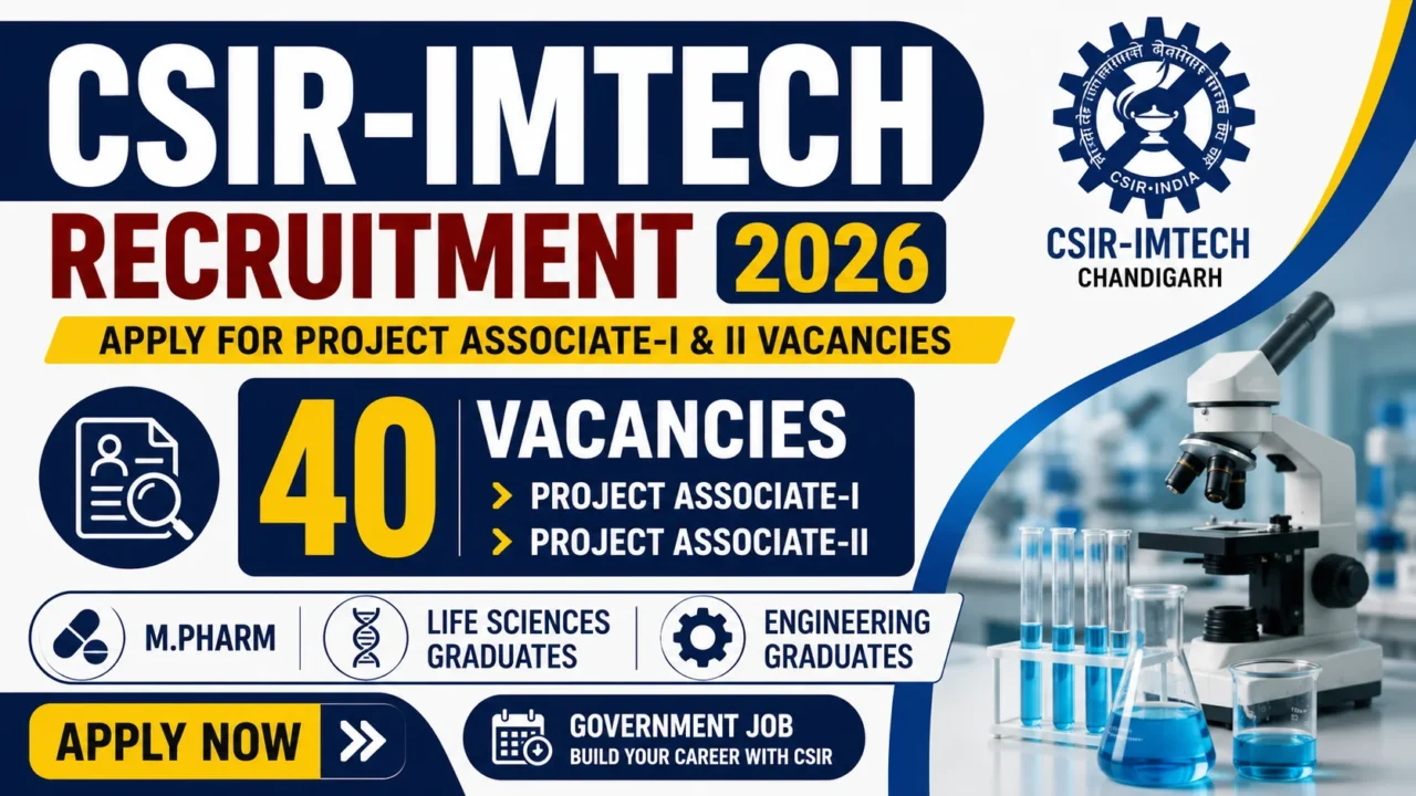 CSIR-IMTECH Recruitment 2026 poster announcing 40 Project Associate-I and Project Associate-II vacancies for M.Pharm, Life Sciences, and Engineering graduates in Chandigarh.
