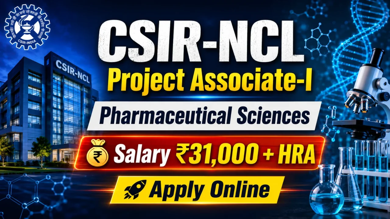 CSIR-NCL Project Associate-I Recruitment 2026 thumbnail featuring a research laboratory, microscope, pharmaceutical science theme, and salary ₹31,000 + HRA with Apply Online banner.