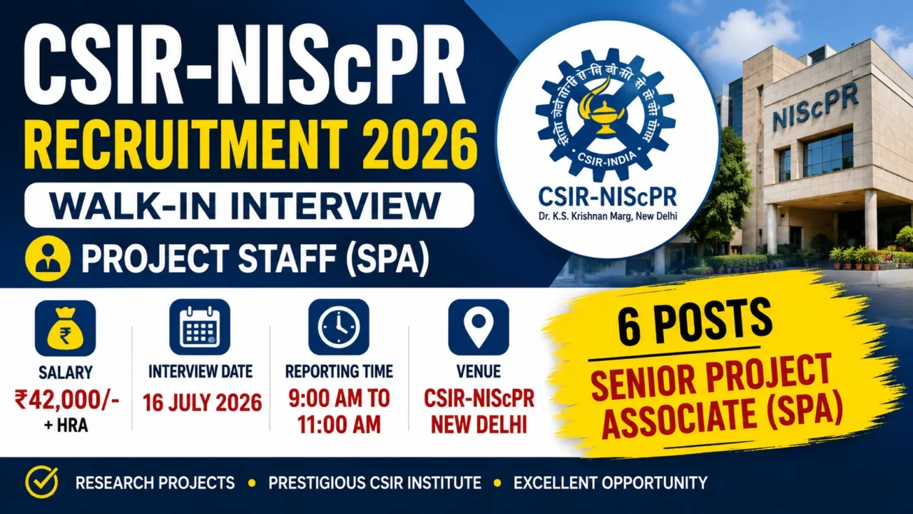 CSIR-NIScPR Recruitment 2026 thumbnail featuring Walk-in Interview for Senior Project Associate (SPA) posts with salary ₹42,000 + HRA and 6 vacancies.