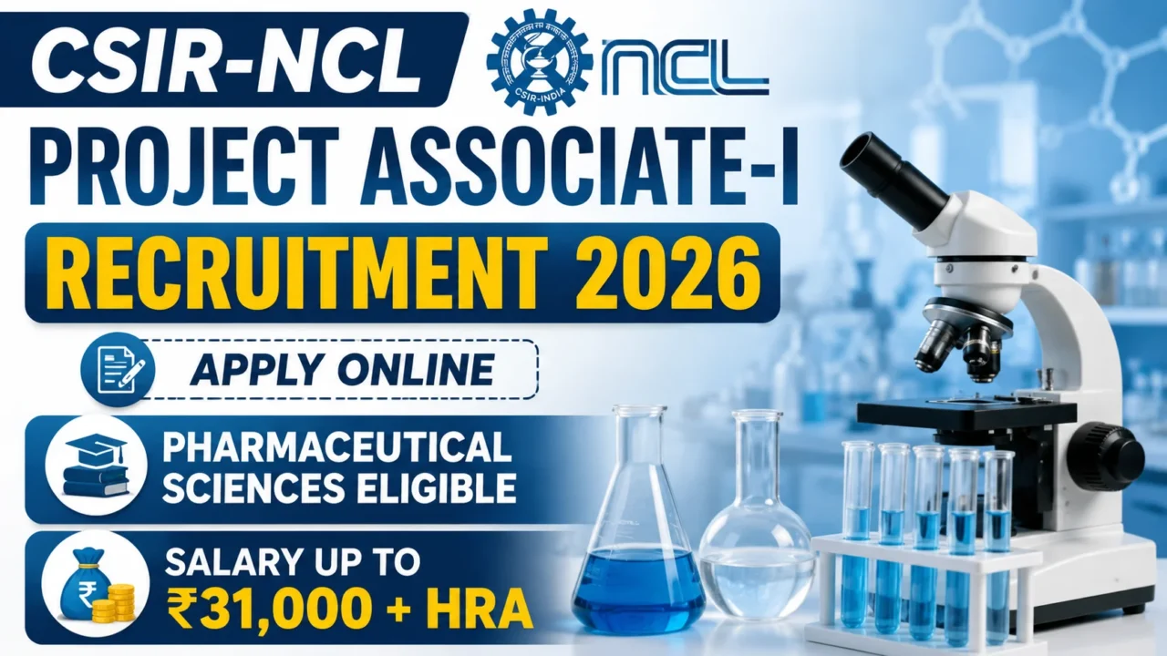 CSIR-NCL Project Associate-I Recruitment 2026 YouTube thumbnail featuring a laboratory microscope, test tubes, chemical flasks, and bold text highlighting recruitment, pharmaceutical sciences eligibility, apply online, and salary up to ₹31,000 + HRA.